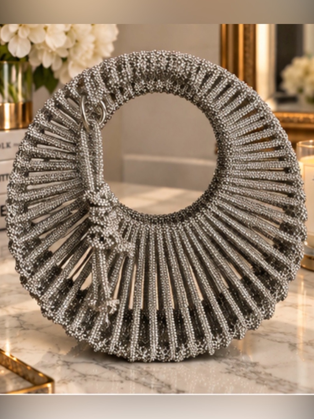 Silver Beaded Circle Handle Clutch - Women Accessories